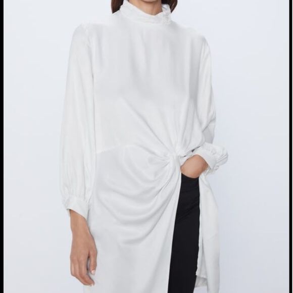Zara White Satin Effect BLOUSE WITH FRONT KNOT New! - Picture 5 of 8